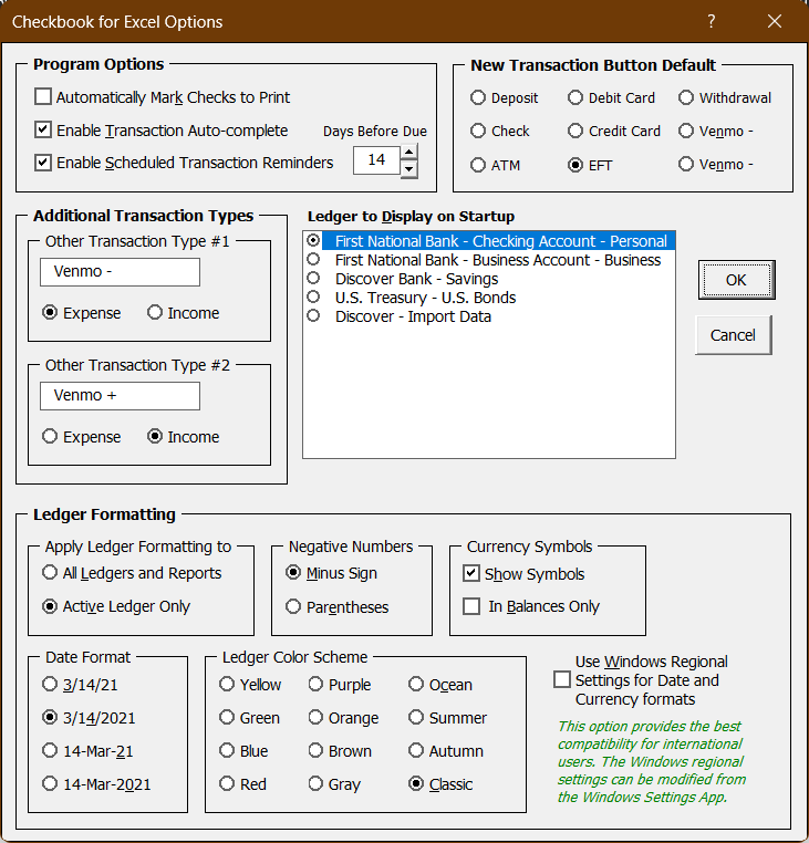 Checkbook Options Form