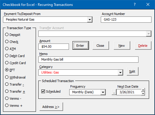 Recurring Transactions Dialog Box