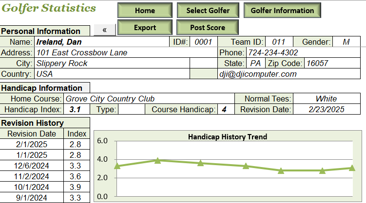 Golfer Statistics Handicap Information