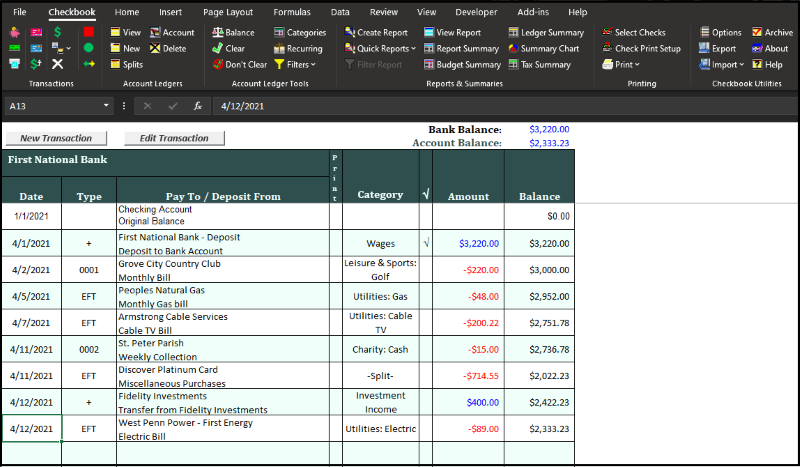 Checkbook for Excel screenshot